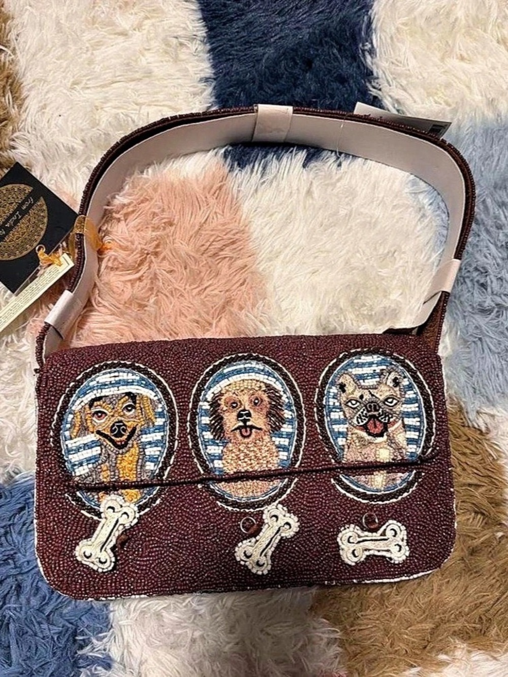 Vintage-Style Three Beaded Dog Shoulder Bag Burgundy